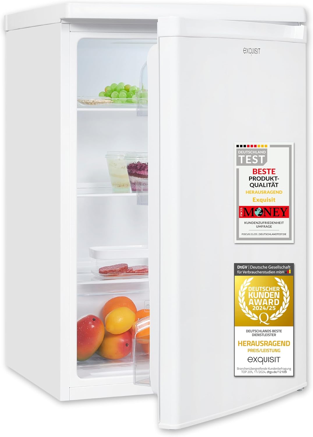 Exquisit Vollraumkühlschrank | 127 l Nutzinhalt, Energieklasse E, 39 dB(A) | kompakte Bauform, LED-Beleuchtung, Glasablagen, Gemüseschublade, manuelle Temperaturregelung | KS516-V-040E weiss