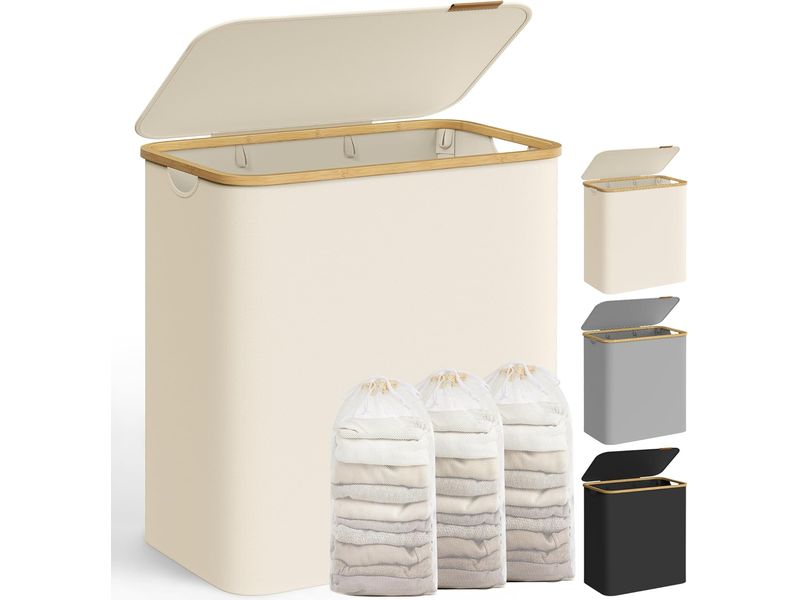 Songmics Wäschekorb  130 l, Beige Wäschesammler mit drei Fächern