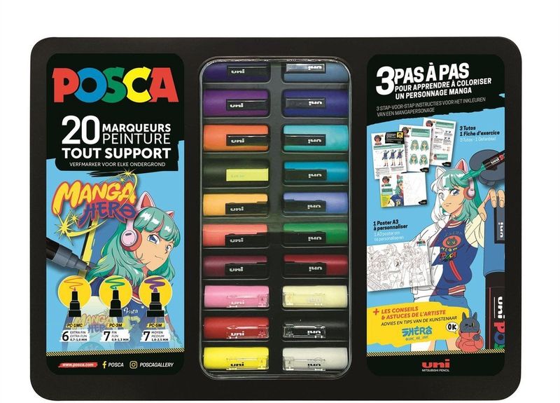 Uni - Posca Verfmarker Koffer - Manga Hero - 20 Stuks - Inclusief Tutorials