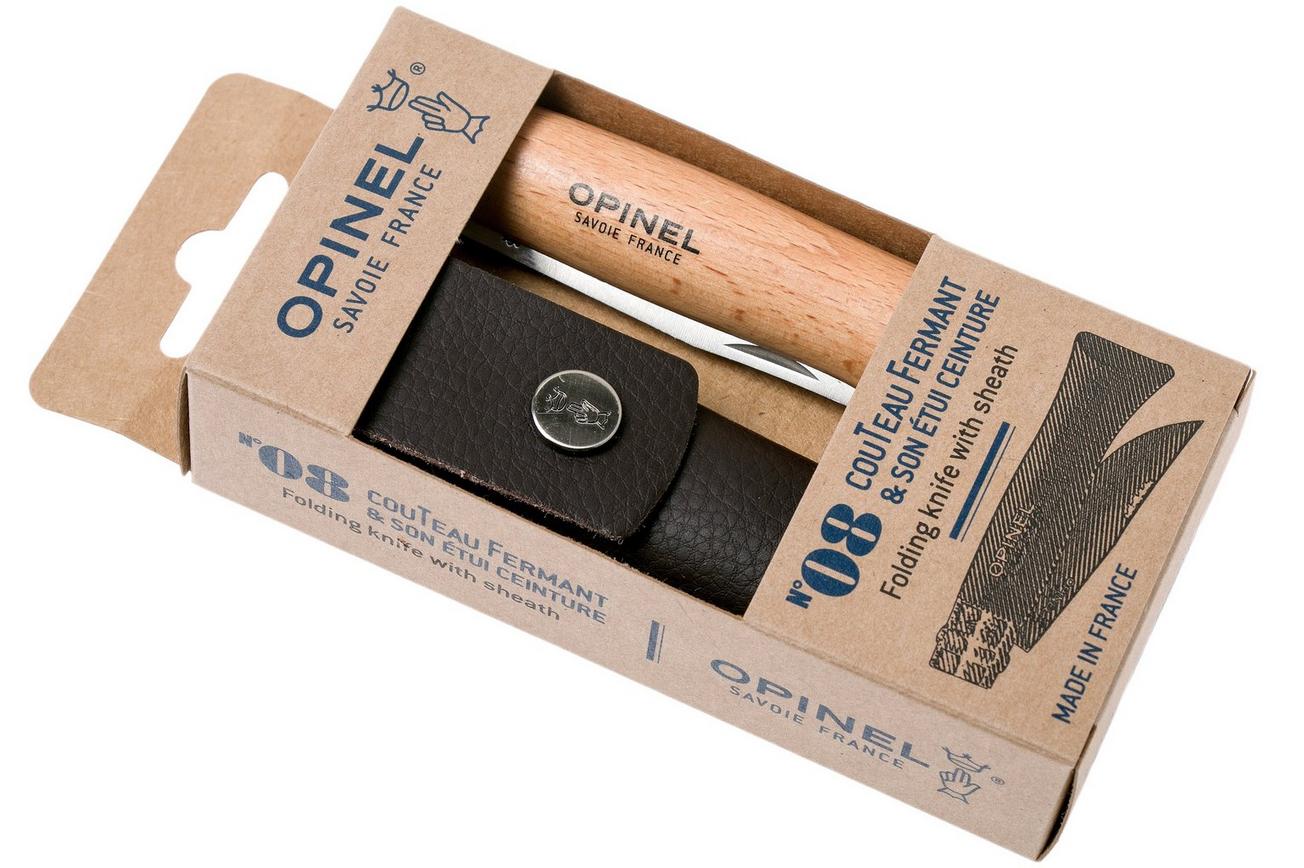 Opinel zakmes No. 8 Classic, RVS, met leren sheath, beukenhout