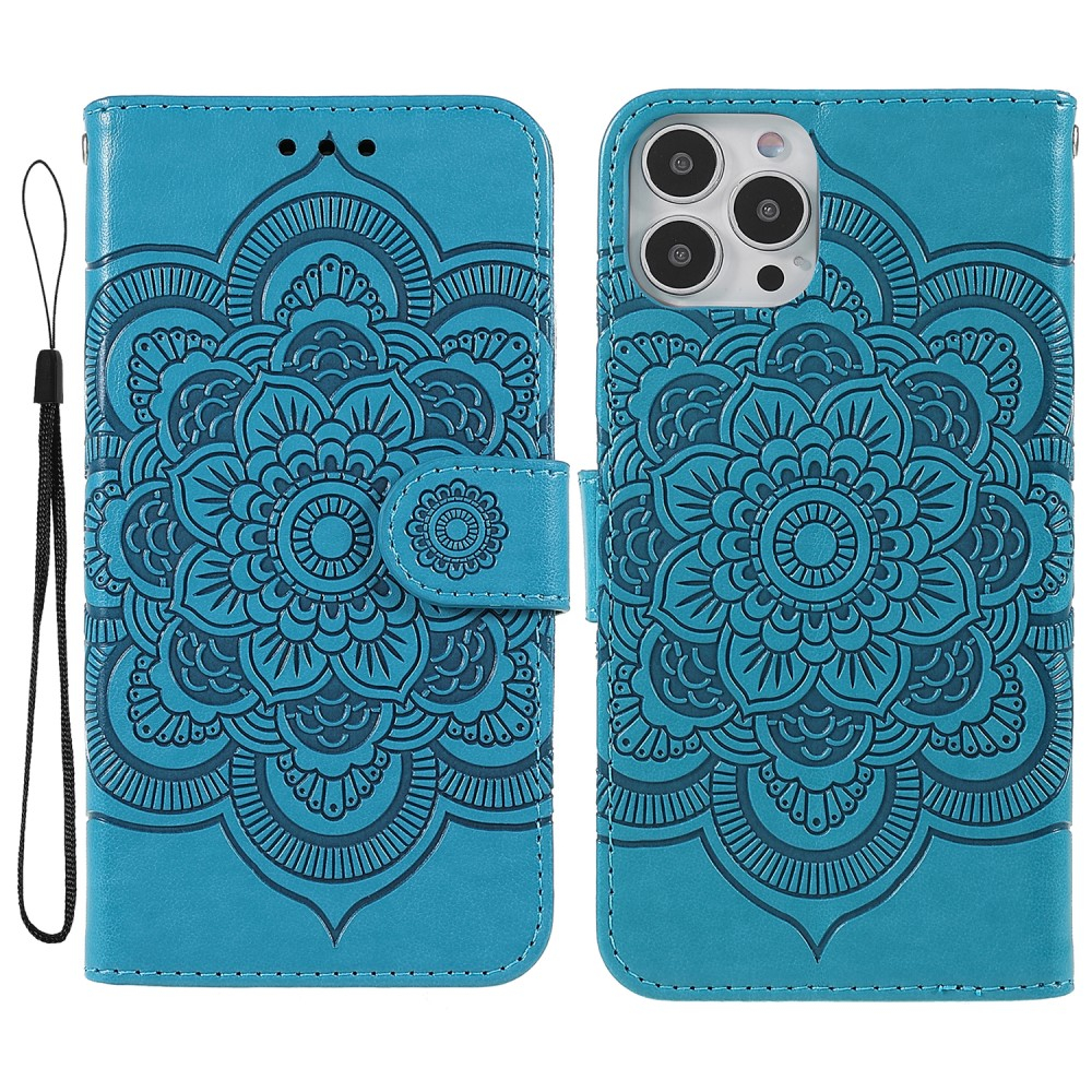 iPhone 13 Pro Leder Tasche Wallet - Mandala Flowers Imprint - Blau
