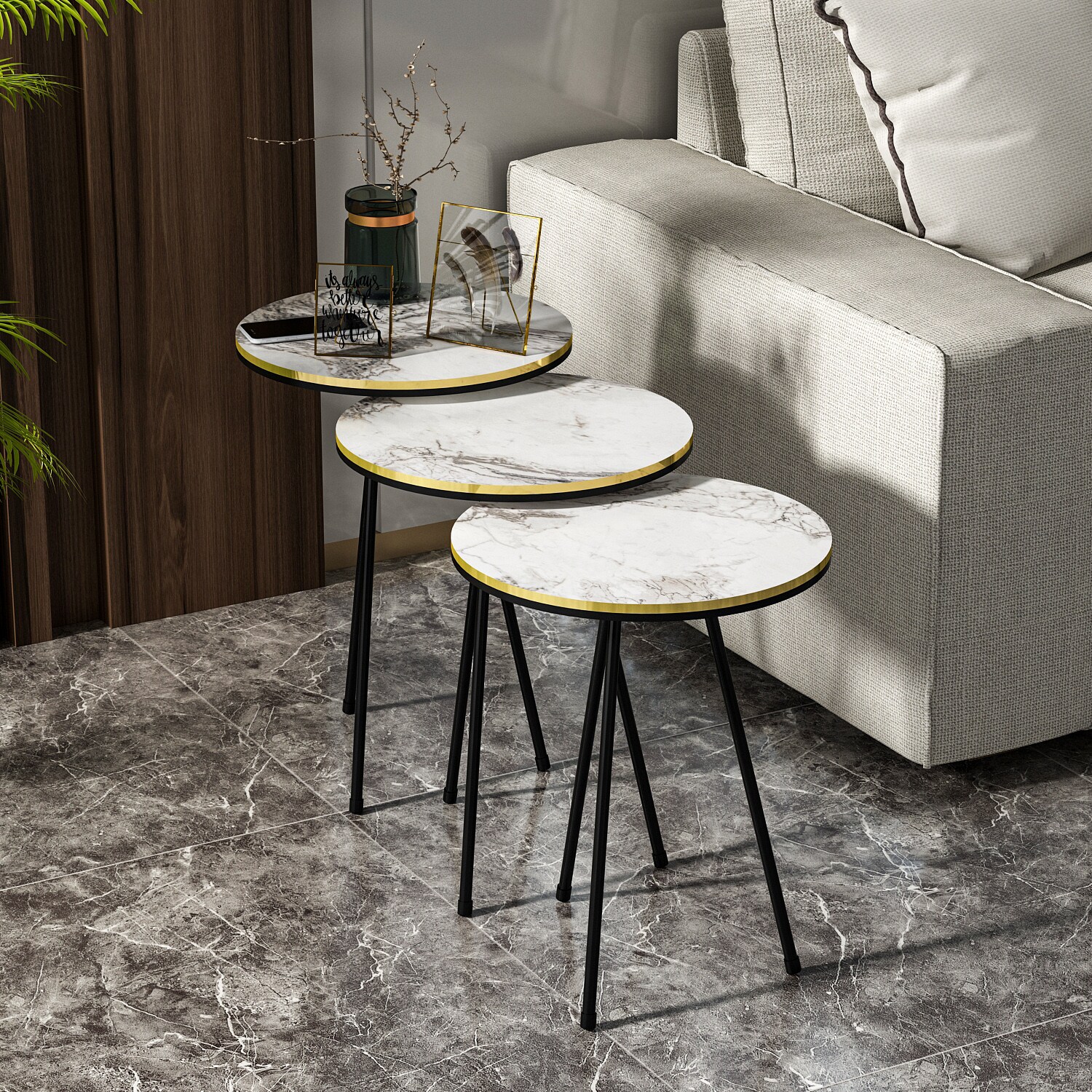 Beistelltisch 3er Set Marmoroptik Weiß 21786245