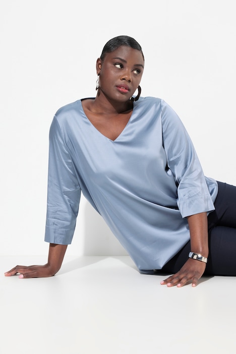 Blusenshirt, Satin, Boxy, V-Ausschnitt, 3/4-Arm