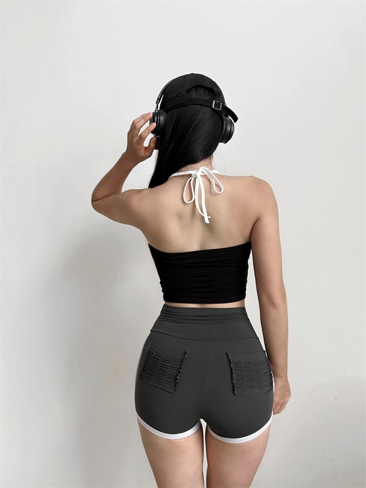 Arigne - Mock Two-Piece Halter Neck Two Tone Sports Top
