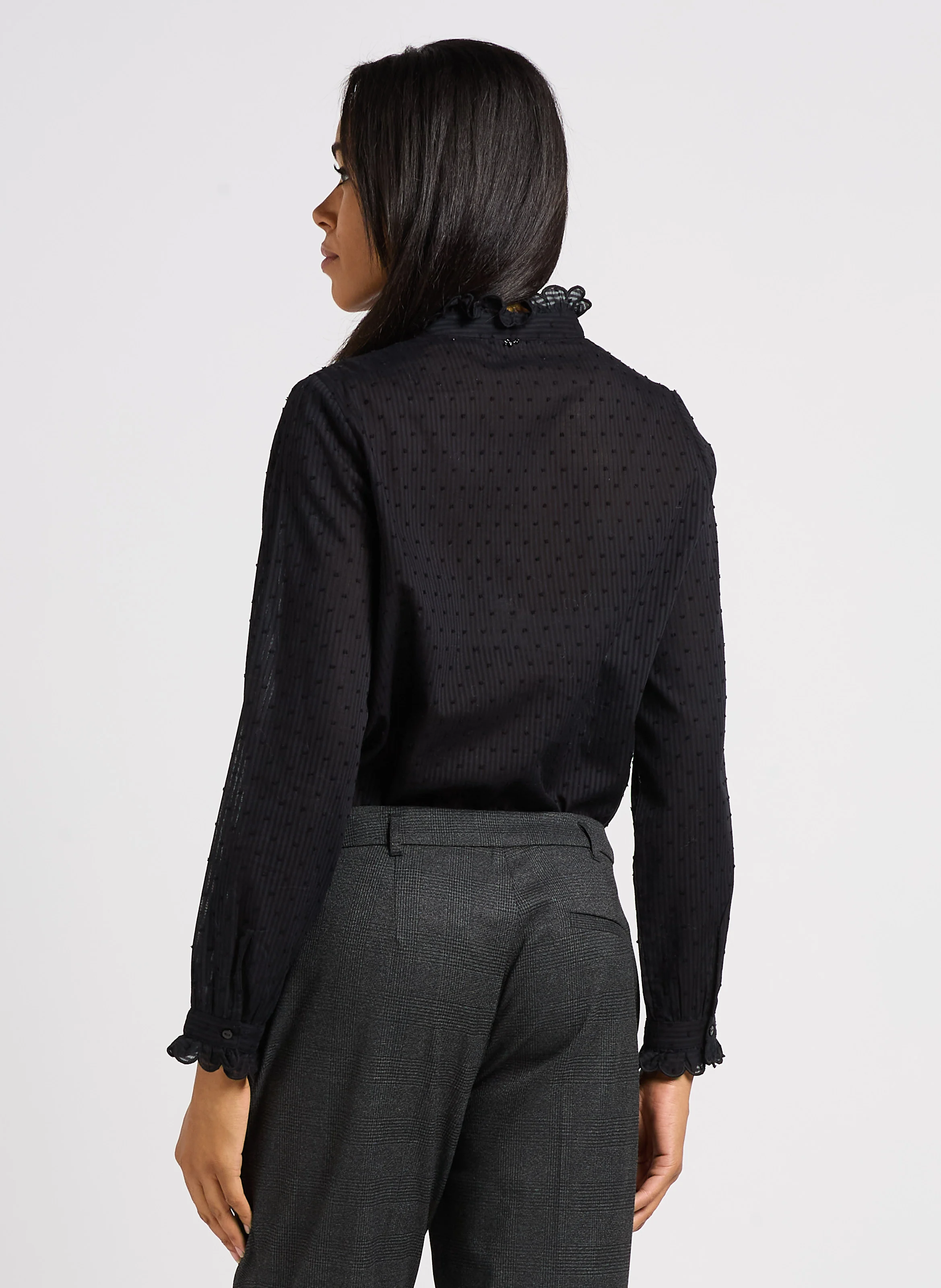 CAROLA - Blouse droite col montant en coton rayé | Noir