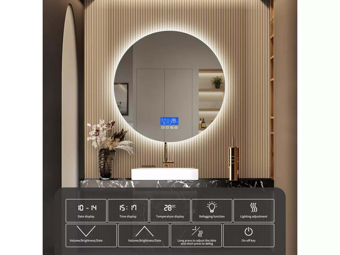 Miroir Salle de Bain avec Éclairage - Rond Ø60 cm - Miroir LED Salle de Bain - avec Tactile, Anti-buée, Horloge, Température, Dimmable