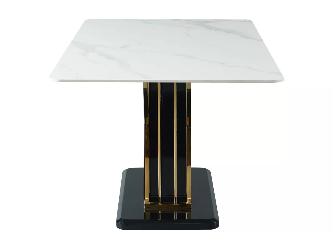 Table à manger 6 personnes en céramique et MDF - Effet marbre blanc, doré et noir laqué - BALLARAT