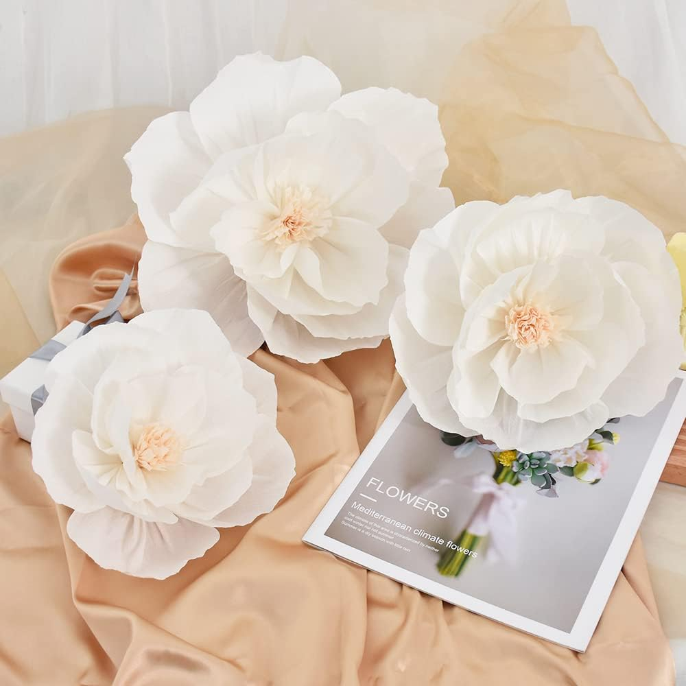 (3er Set) Krepppapier Kunstblumen DIY Wand Party Deko Pfingstrosen Photo Booth Bastel Blumenwand - Weiss