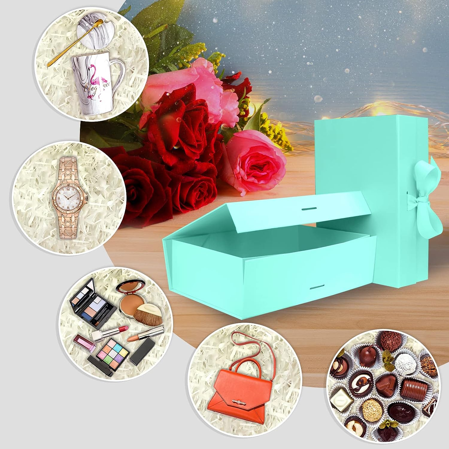 (26x19cm) Geschenk Schachtel Faltbare Gift Box Verpackung mit Schleife - Türkis