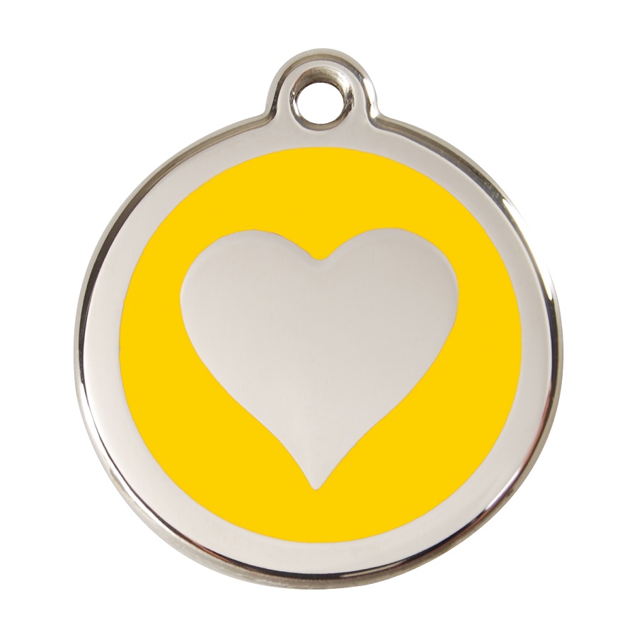 Placa de identificação para cães em aço inoxidável esmaltado com formato de coração amarelo