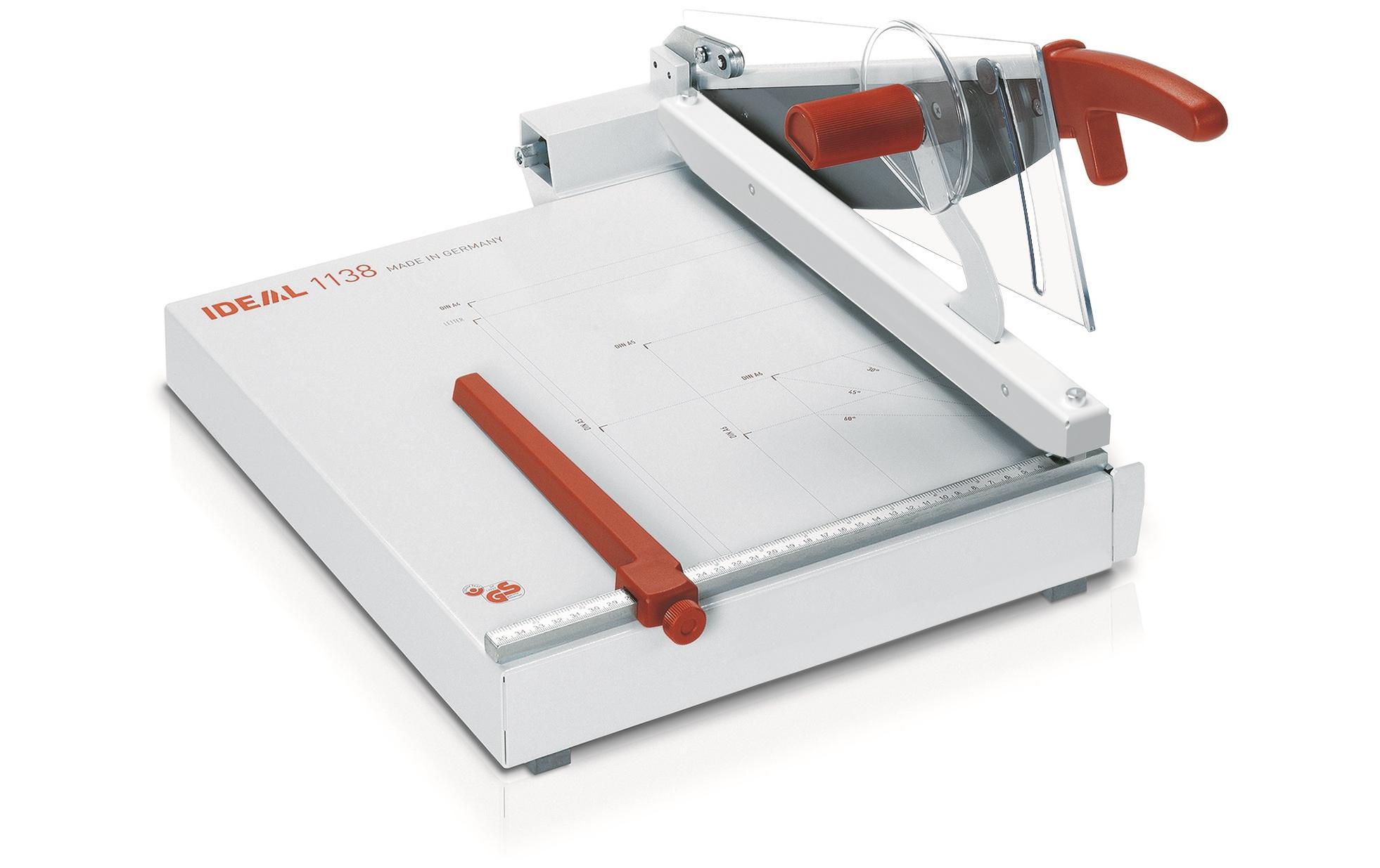Hebelschneidegerät 1138, 38.5 cm, 50 Blatt<br>Profi-Hebelschneider mit Papierformaten auf dem Schneidetisch