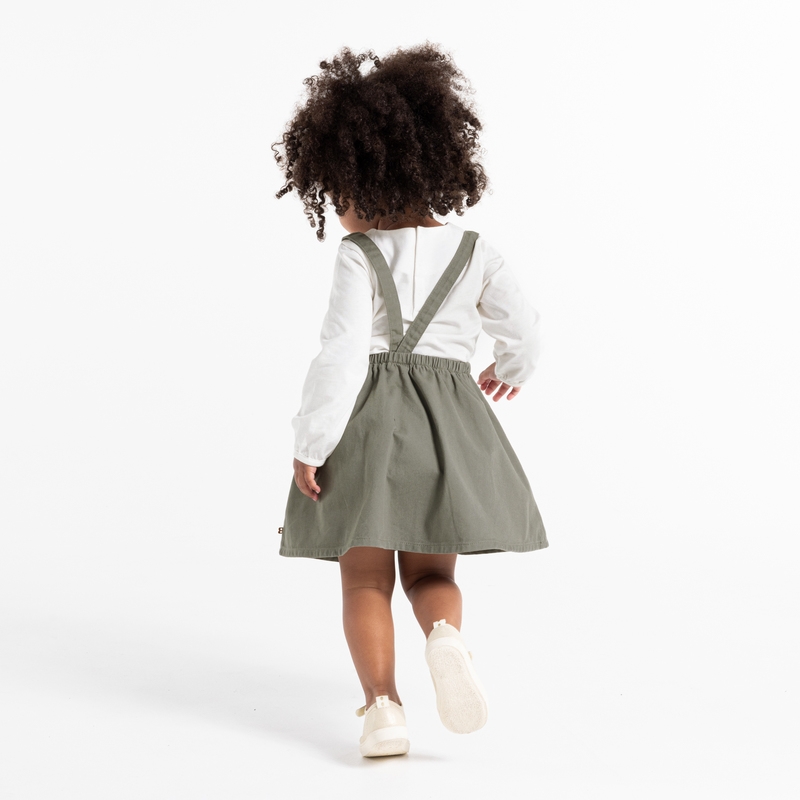 Robe à bretelles en twill et t-shirt oiseau verte bébé fille