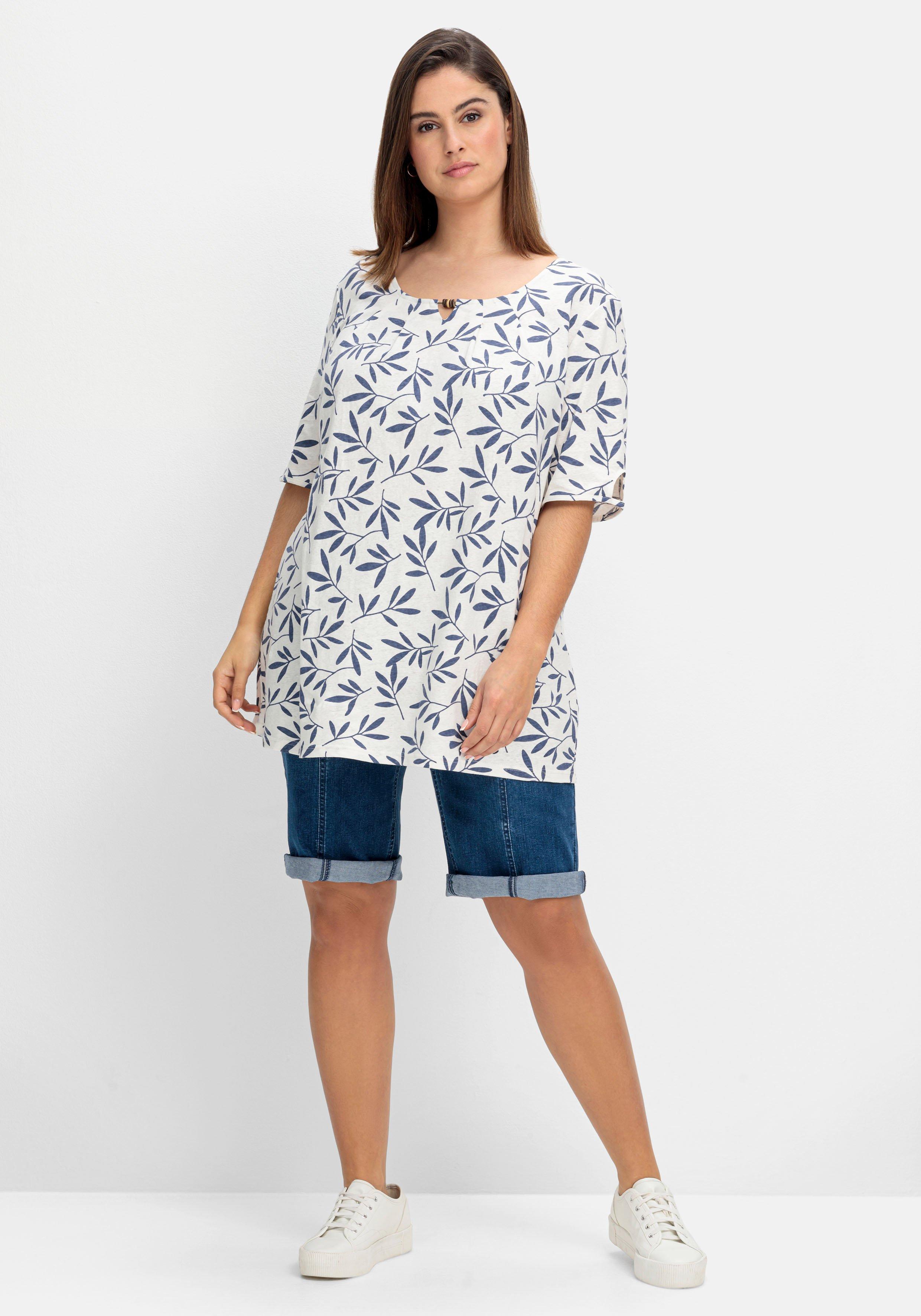 T-Shirt mit Blätterprint, im Leinen-Mix
