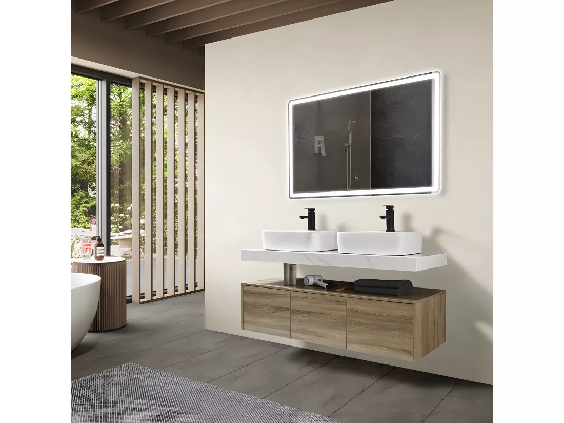 LuxuryBain - Meuble de salle de bain double vasque 140cm bois et effet marbre avec miroir led
