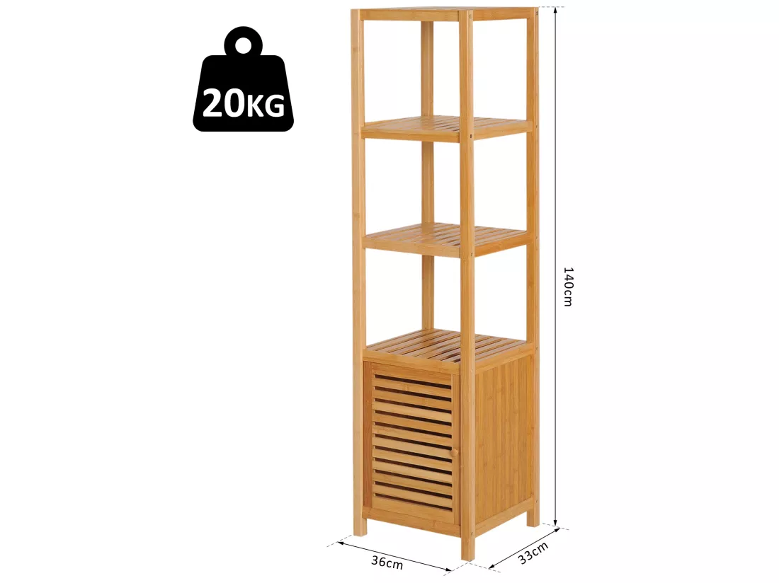 Meuble colonne rangement salle de bain bambou design naturel 36L x 33l x 140H cm 2 étagères 4 niveaux + placard