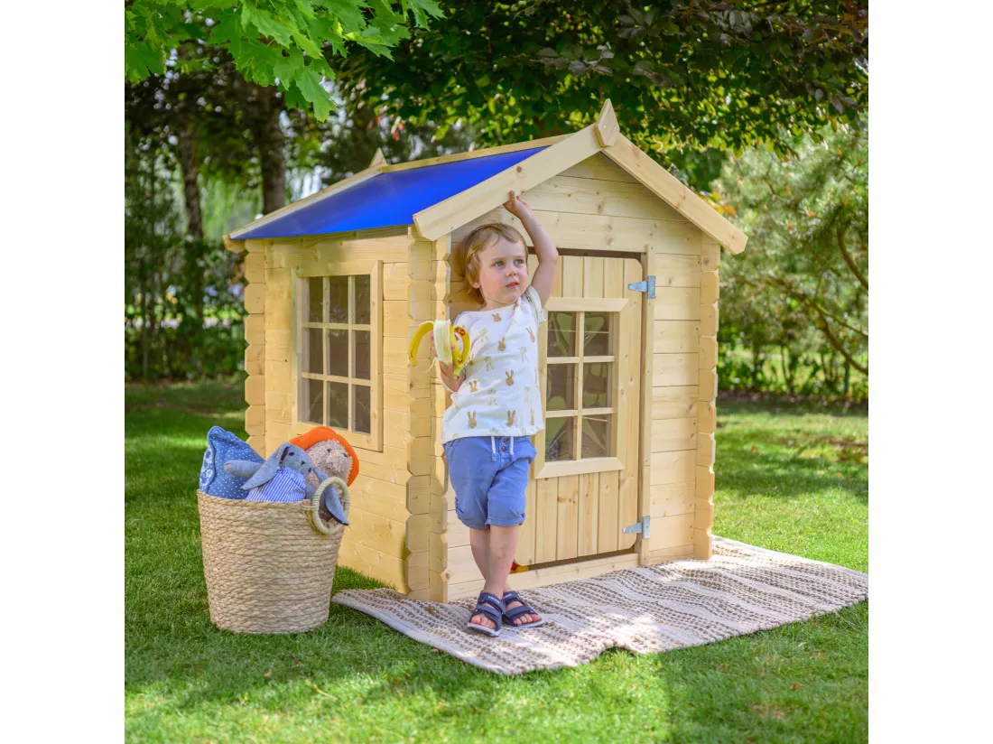 Timbela M570M-1 Maison en bois pour enfants -Toit bleu- 111x114xH121cm/0.9 m2