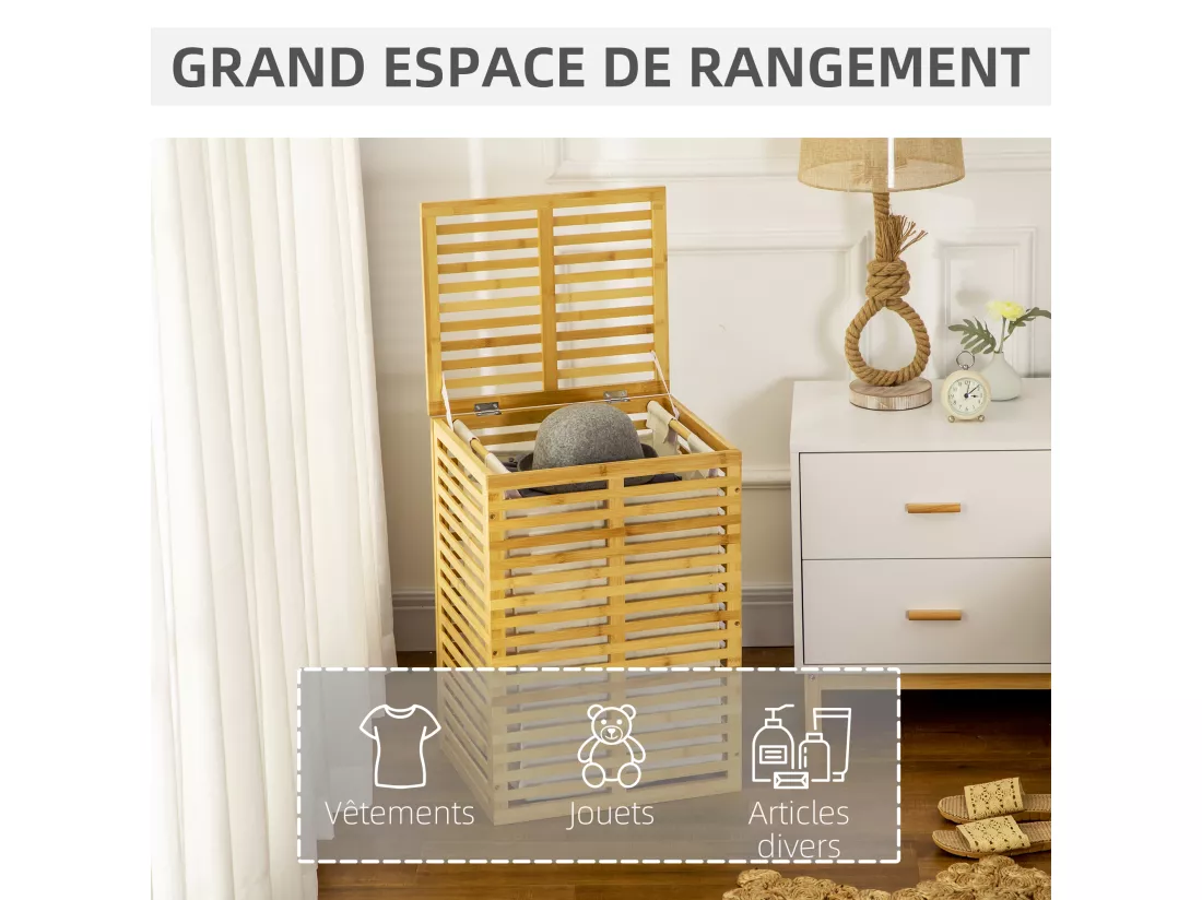 Panier à linge corbeille à linge bac à linge bambou couvercle sac amovible polyester beige