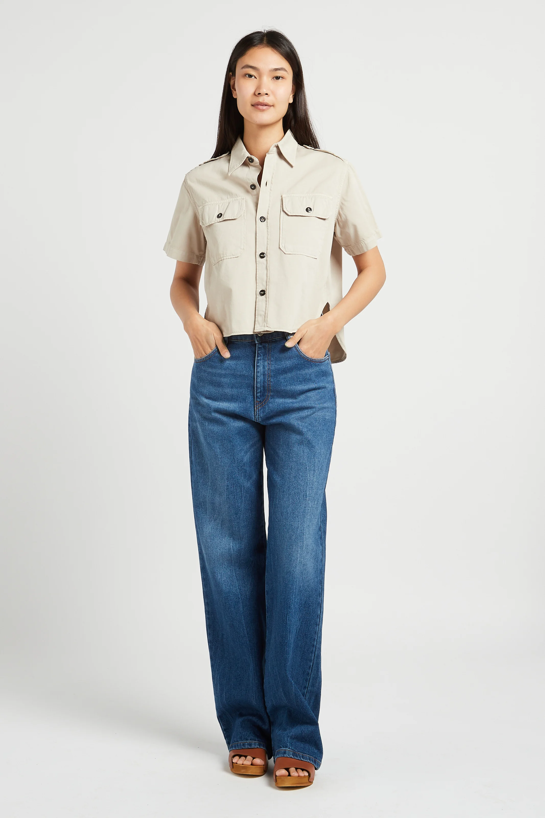 RICHIE - Jean large taille haute en coton stretch| Bleu