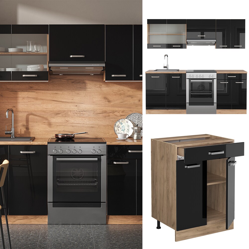 Vicco Küchenzeile R-Line Solid Eiche Schwarz 200 cm modern Küchenschränke Küchenmöbel