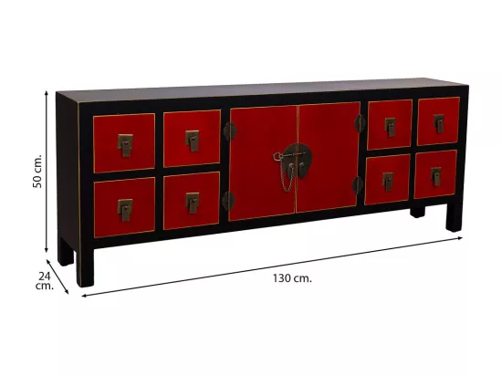 Meuble bas en bois avec 8 tiroirs et 2 portes 130x24x50