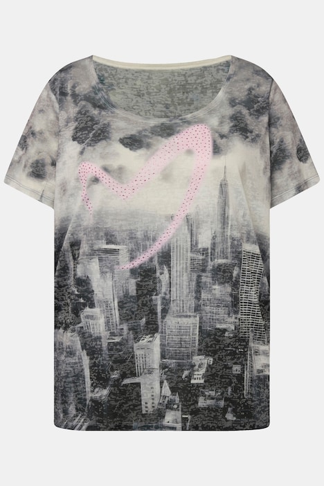 T-Shirt, Skyline-Druck mit Herz, Rundhals, Halbarm