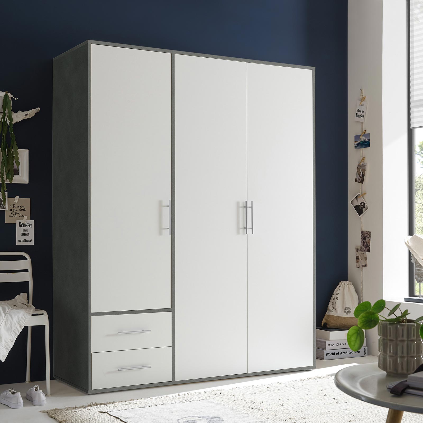 Drehtürenschrank - Matera - weiß - 3-türig - 2 Schubkästen