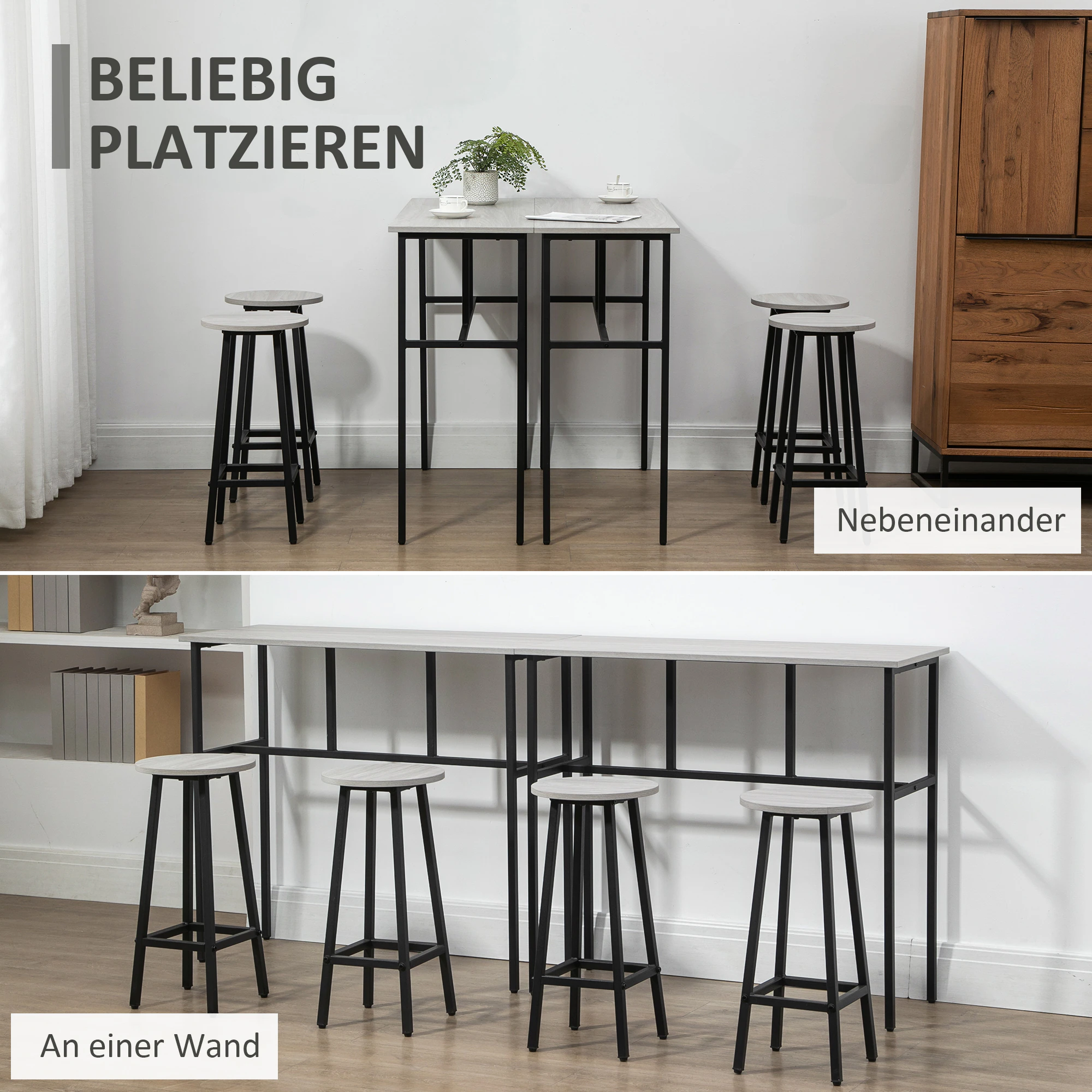HOMCOM Bartisch-Set mit 4 Hockern schwarz, grau 100L x 40B x 90H cm