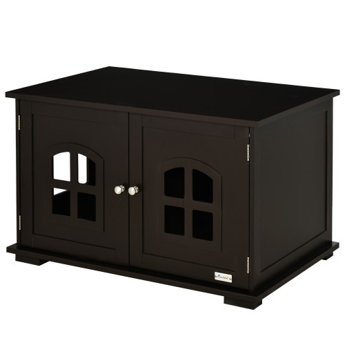 Casinha de madeira PawHut e caixa de areia marrom para gatos.