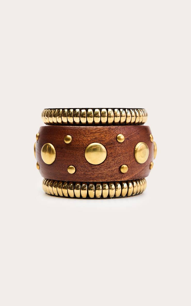 Chocolat Lot De Bracelets Joncs En Bois Ornés De Clous Dorés