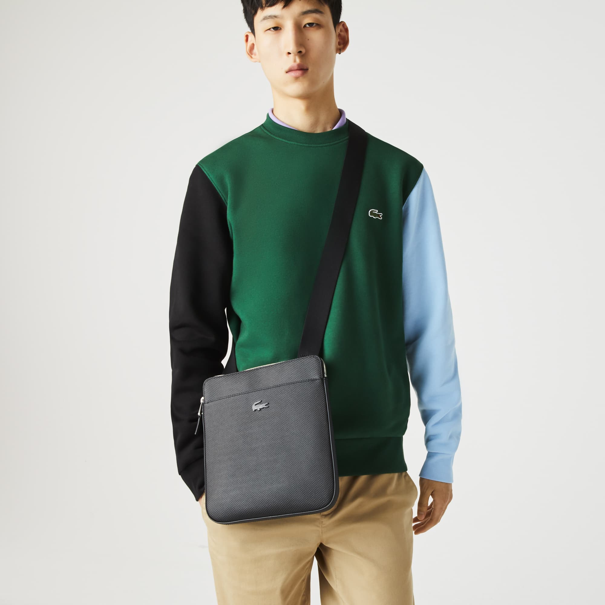 Sacoche plate zippée Chantaco en cuir piqué mat uni Sacoches & Pochettes - Noir - Lacoste - Homme