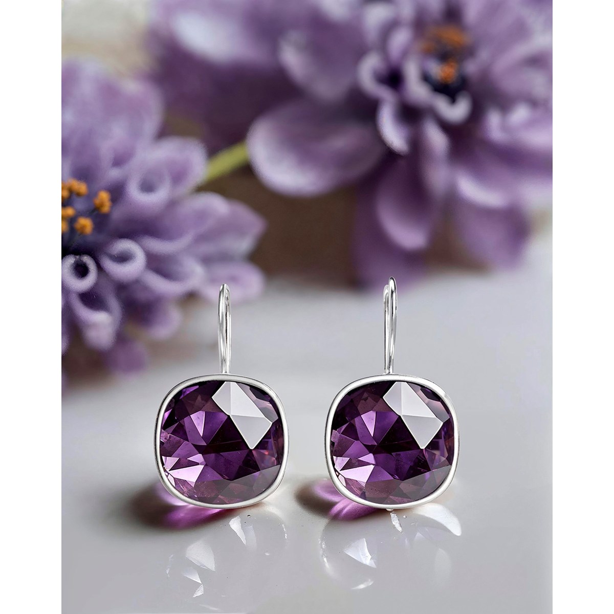 Boucles d'Oreilles en Améthyste Véritable - Design 38 Facettes, Argent 925 | Aden Boutique