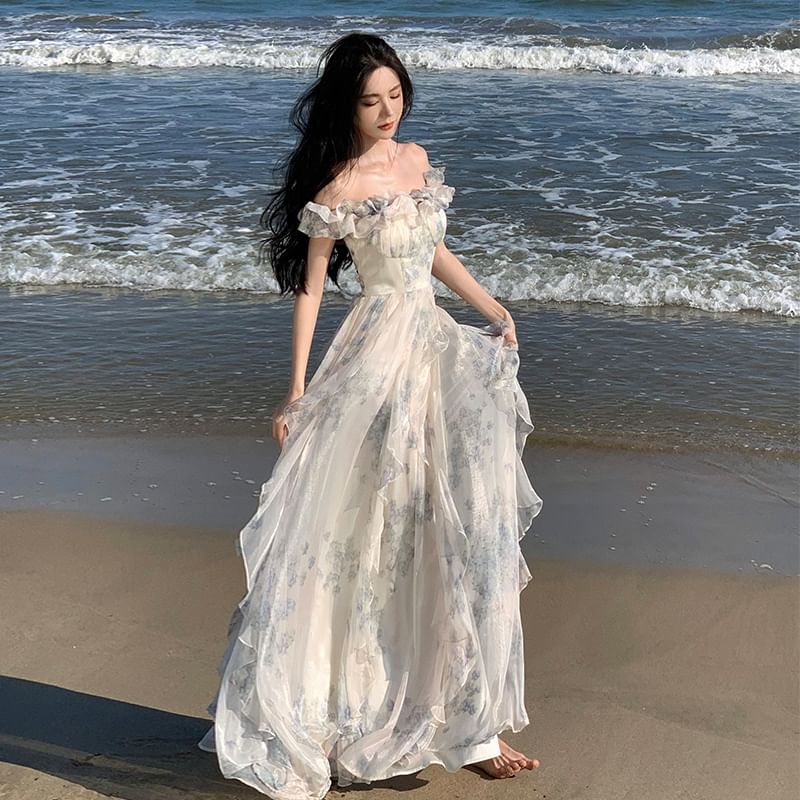 Saccharine - Maxi A-lijn jurk met korte mouwen, off-shoulder bloemenprint en ruches