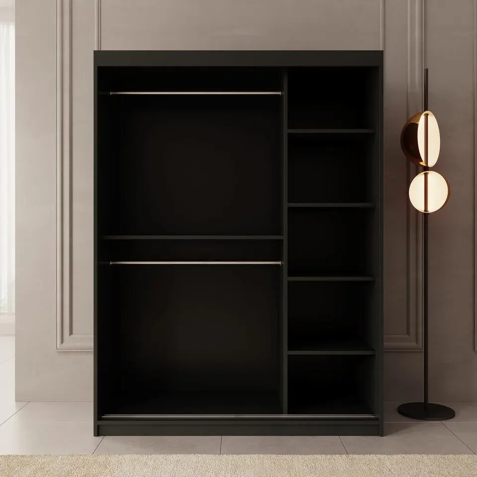 Meubella - Kledingkast Bodhi - Zwart - 150 cm - Met spiegel