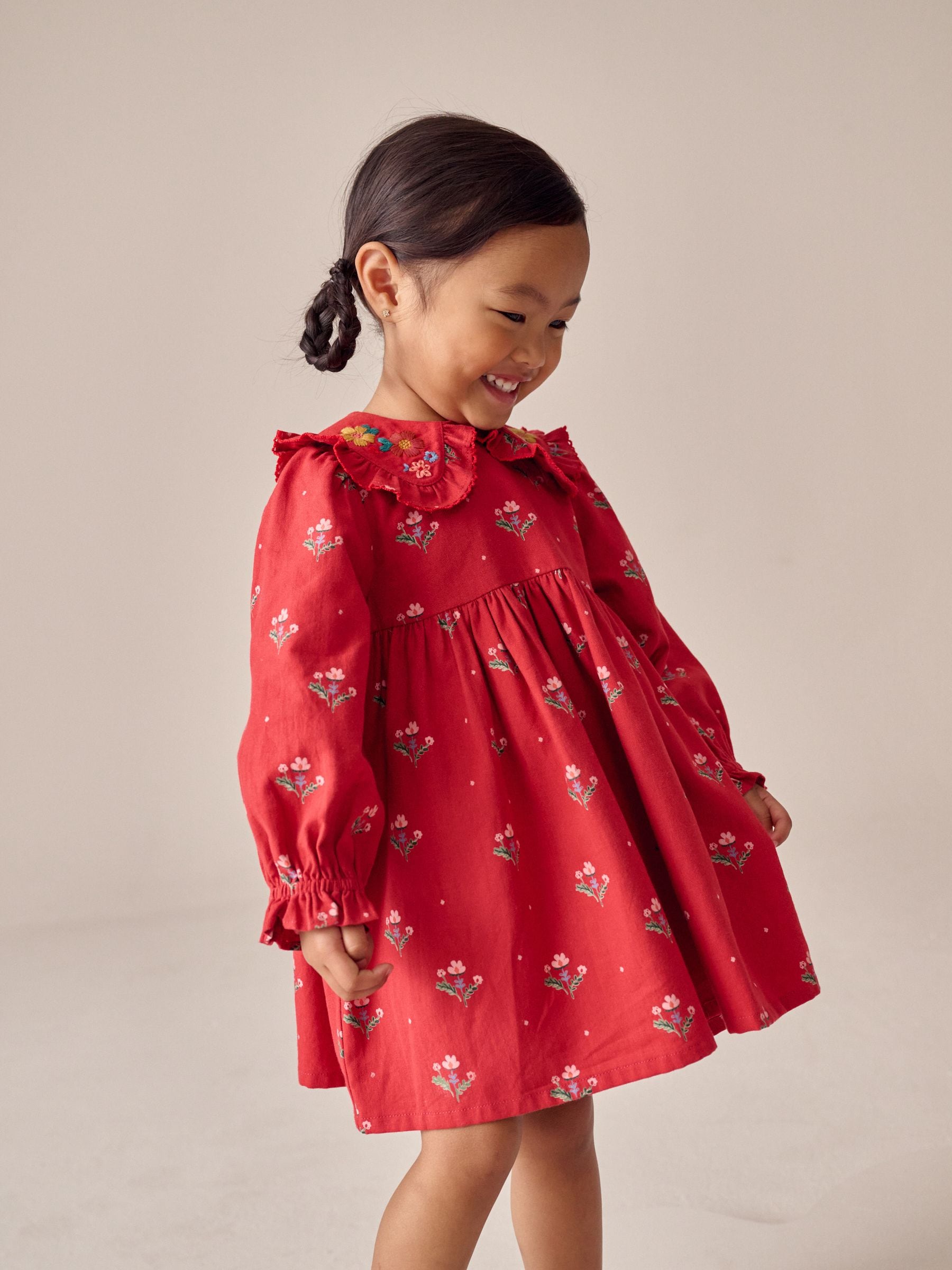 Rood gebloemd - Collar Long Sleeve Dress (3mths-8yrs)