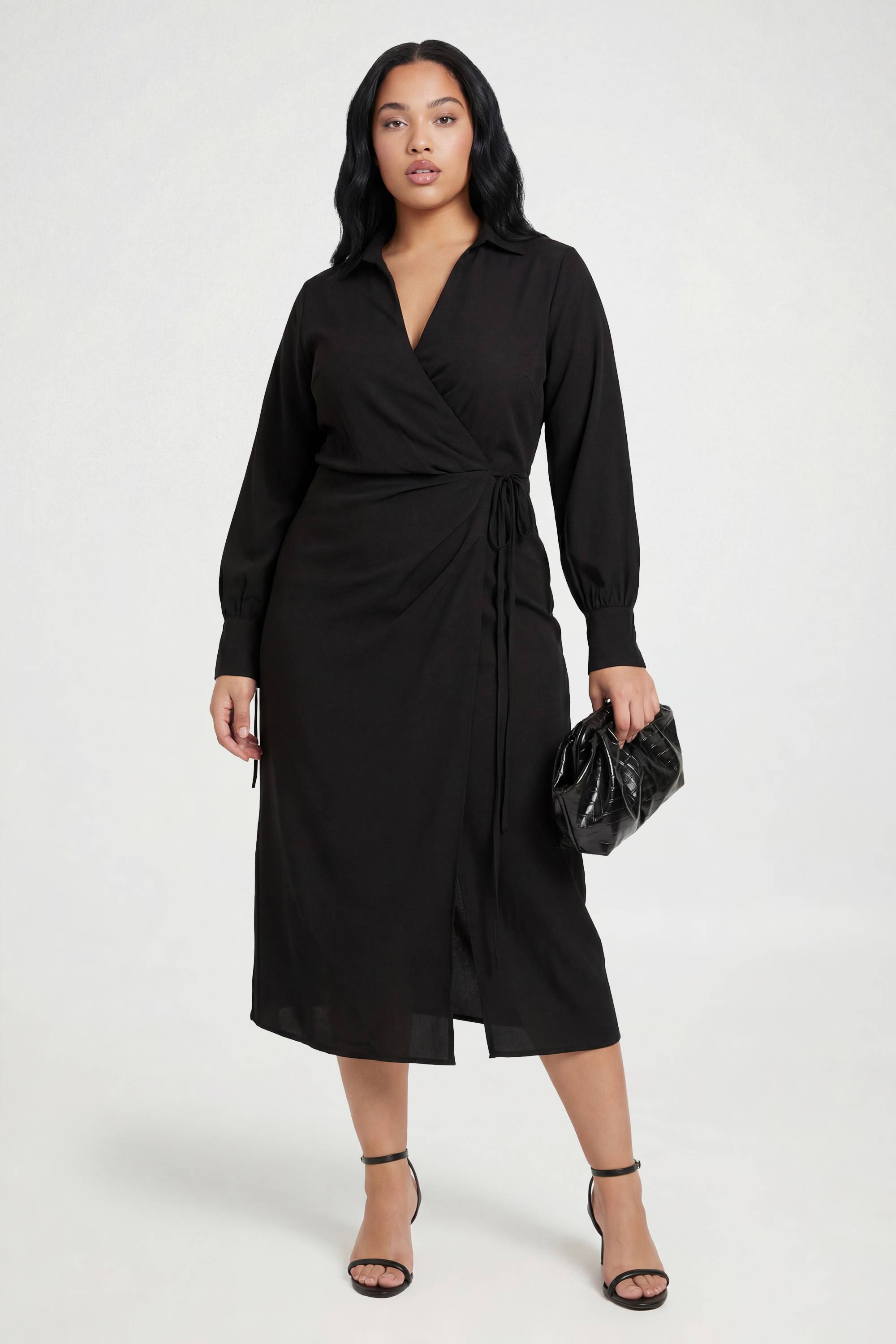 boohoo Robe Midi Portefeuille Tissée Grande Taille Avec Lien À Nouer