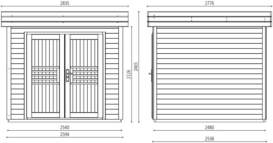 Holz Gerätehaus Livo 2 | Gartenhaus | Wandstärke 28 mm | Naturbelassen | BxTxH: 283,5 x 277,6 x 246,5 cm | Sockelmaß: 254 x 248 cm | Inkl. Doppelflügeltür