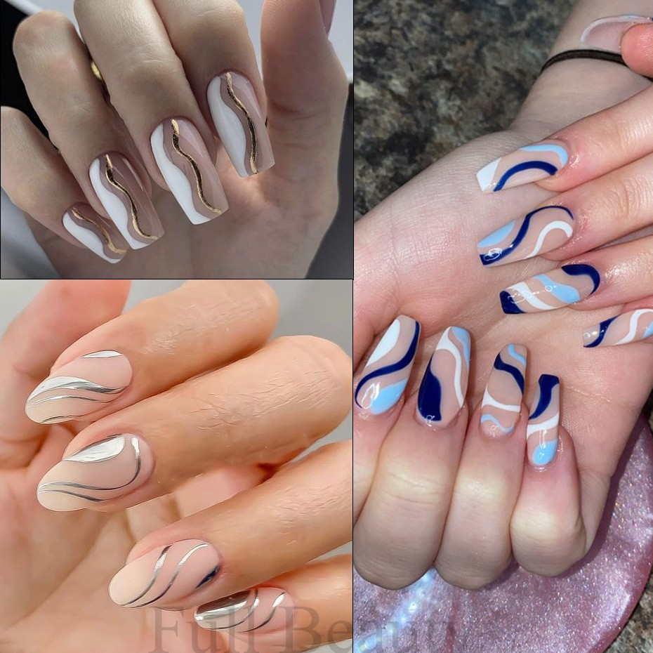 (29-tlg. Set) 3D Nagel Sticker Nail Art Tattoo Selbstklebend Linien Muster Aufkleber - Silber