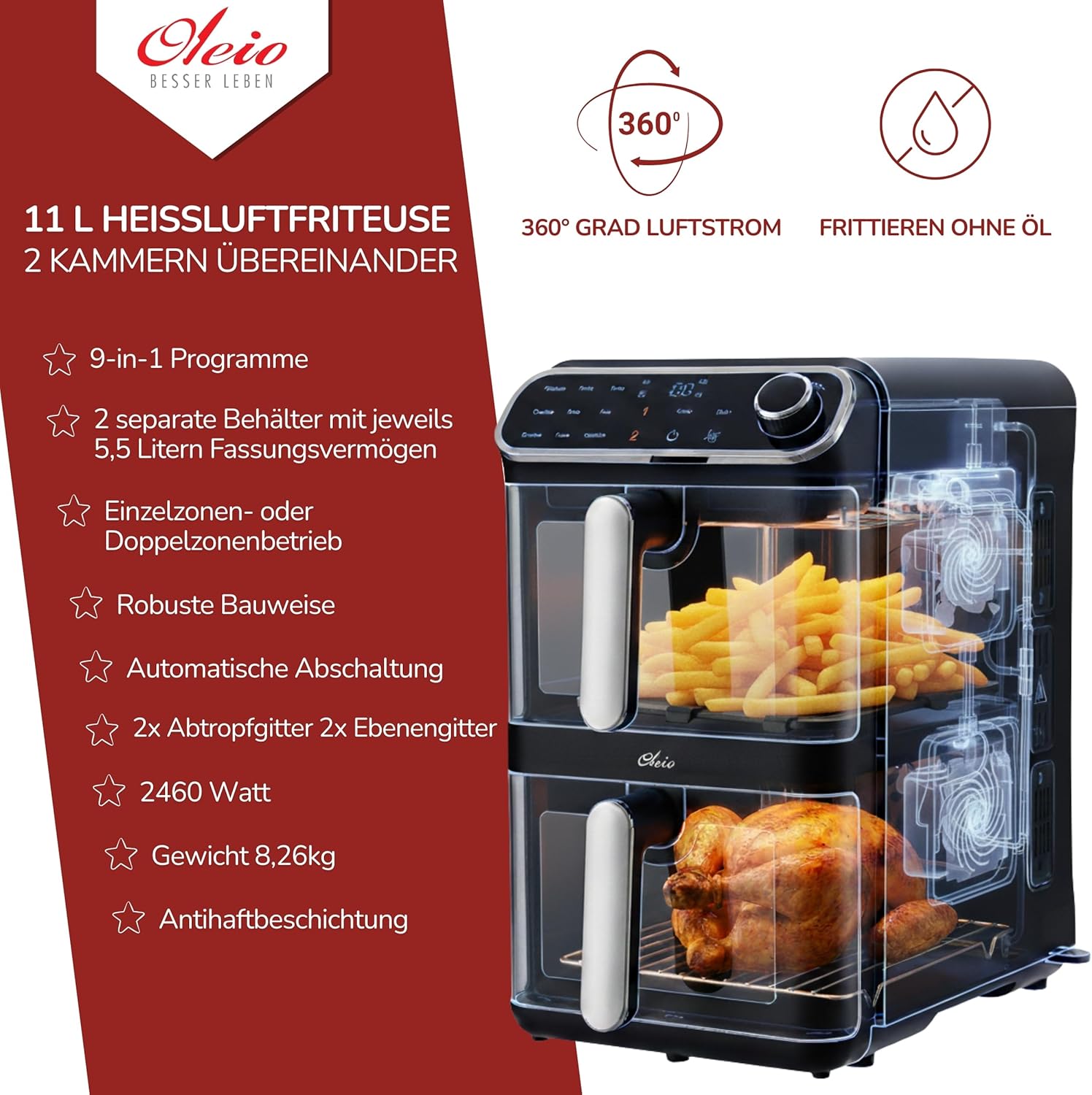 Maestro Airfryer Doppelkammer XXL Heißluftfritteuse 2 Kammern I 2460W - Heißluftfritteuse mit Glas Sichtfenster I 11L I Antihaftbeschichtung I spülmaschinenfest I platzsparend I energiesparend