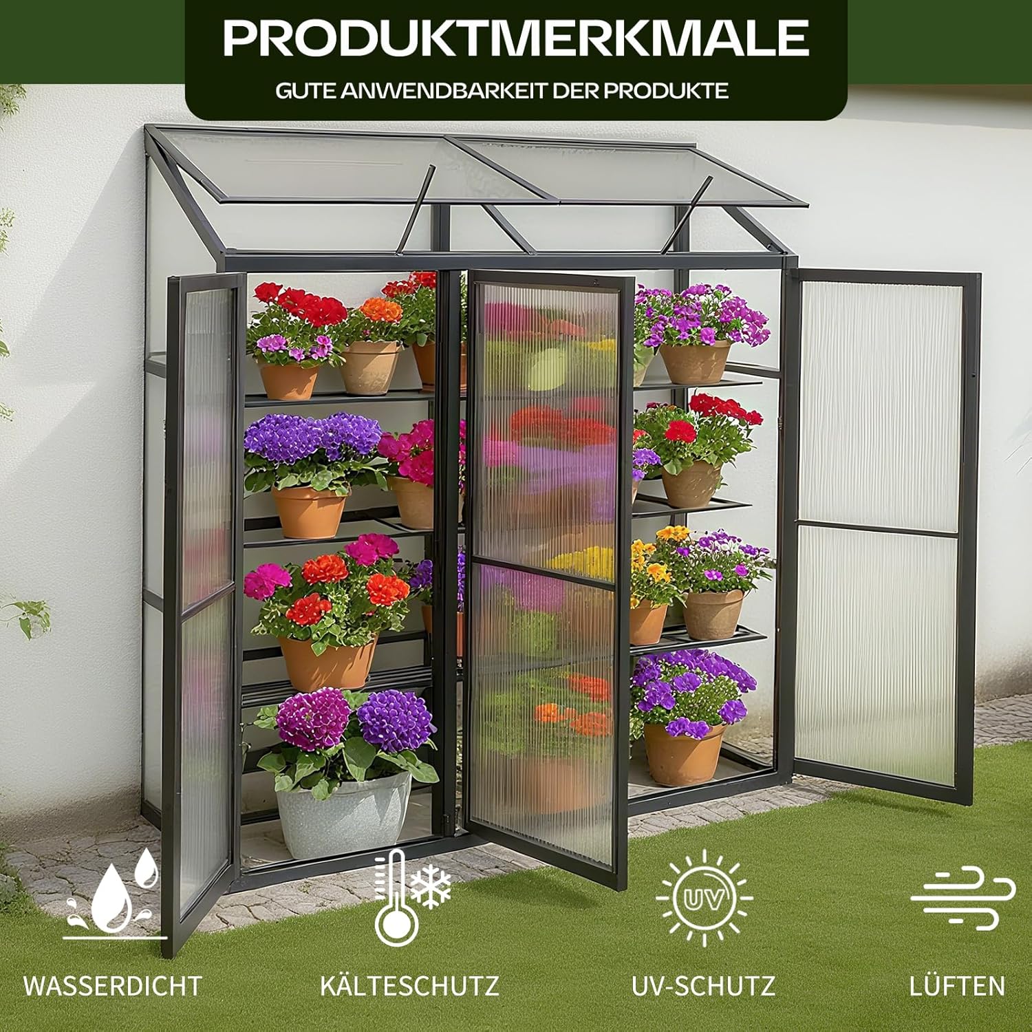 Anlehngewächshaus Aluminium Beistell-Gewächshaus (Schwarz) – 180x54x190cm, 3 Türen & 2 Oberlicht, geeignet für Zitronenbaum-Töpfe, Chrysanthemen & weitere Pflanzen, Greenhouse