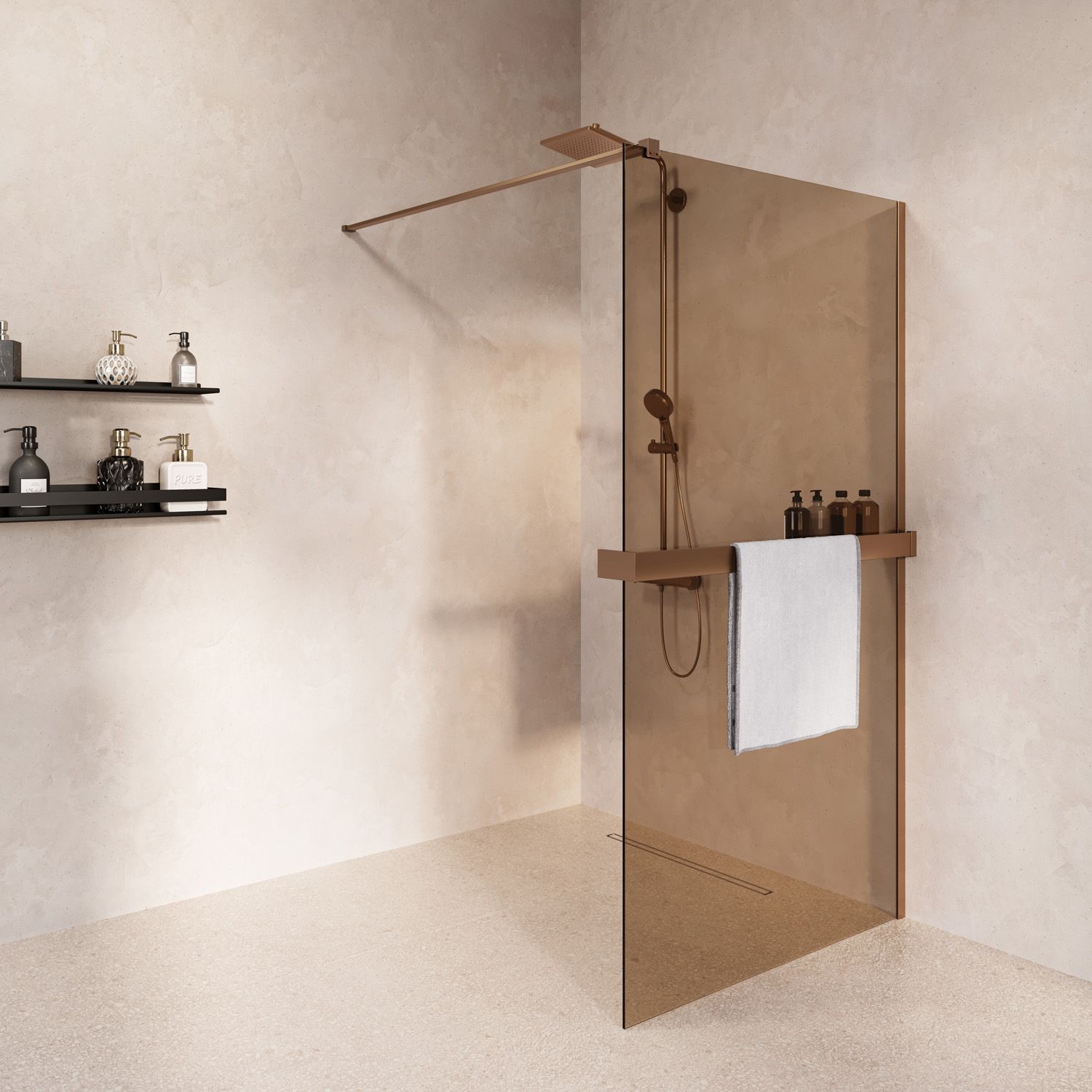 Saniclear Metric inloopdouche 100cm met handdoekhouder en bronsglas verouderd messing