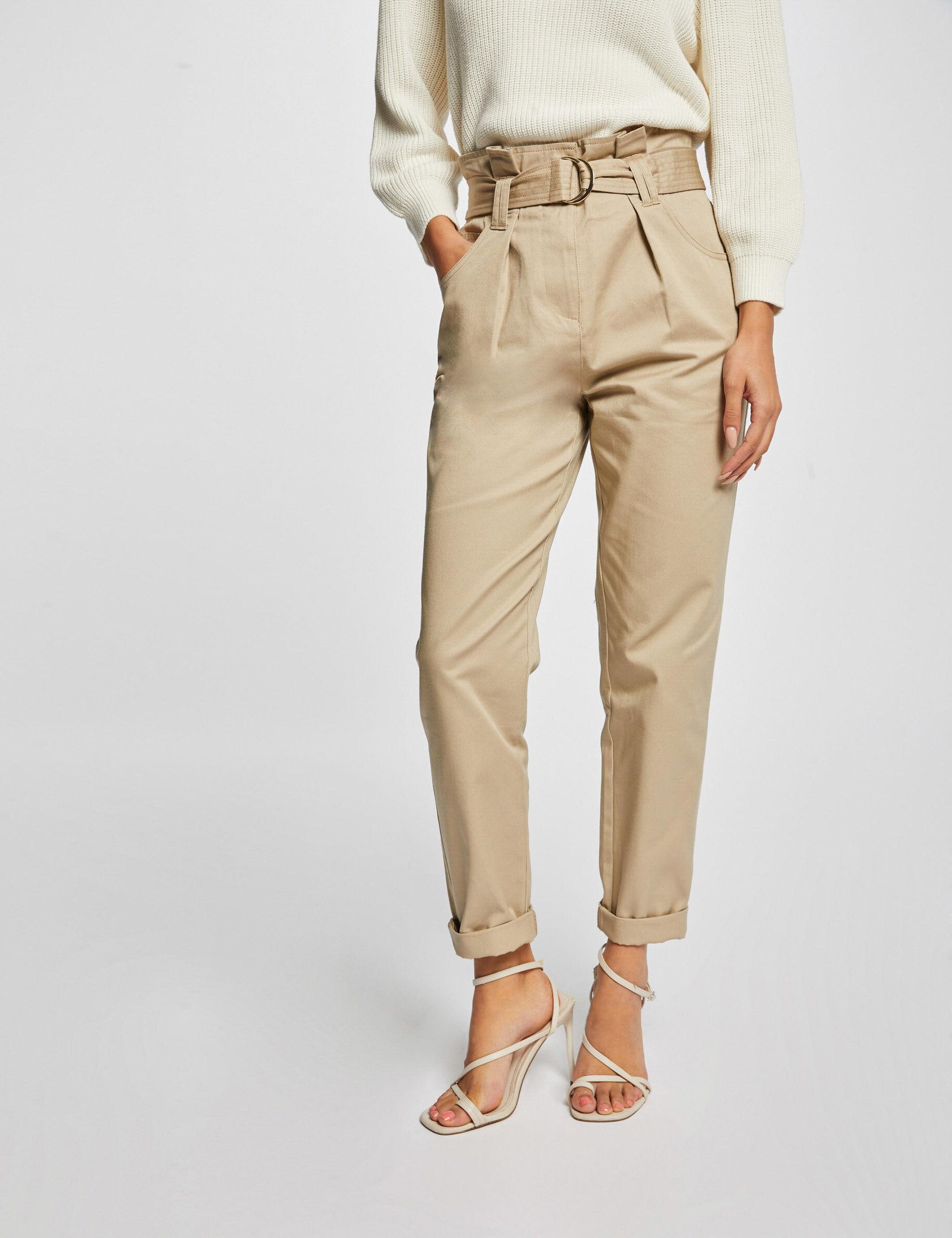Pantalon carotte ceinturée beige femme - beige