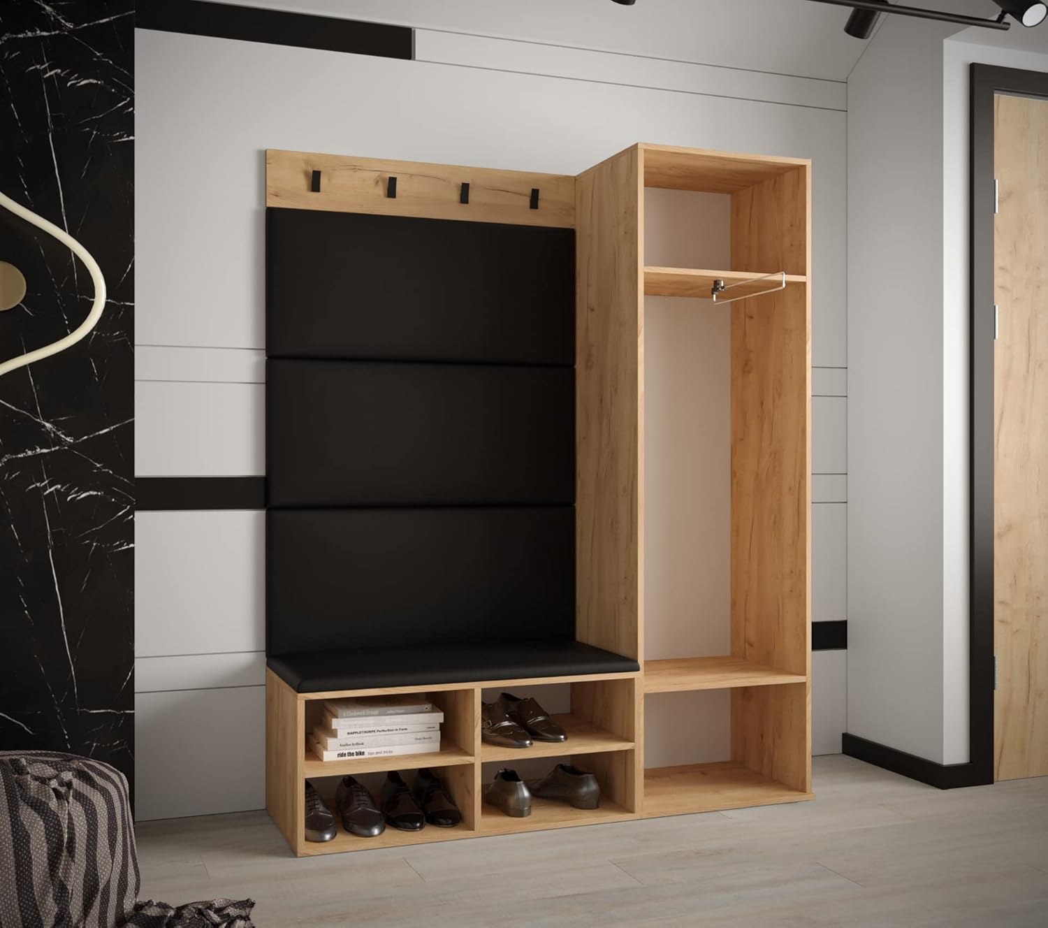 MEBLE KRYSPOL Garderobe MIRO Set 6 mit gepolsterten Paneelen Modern Design (Manila 02 (Creme), Eiche Kraft Gold + Schwarz Matt)