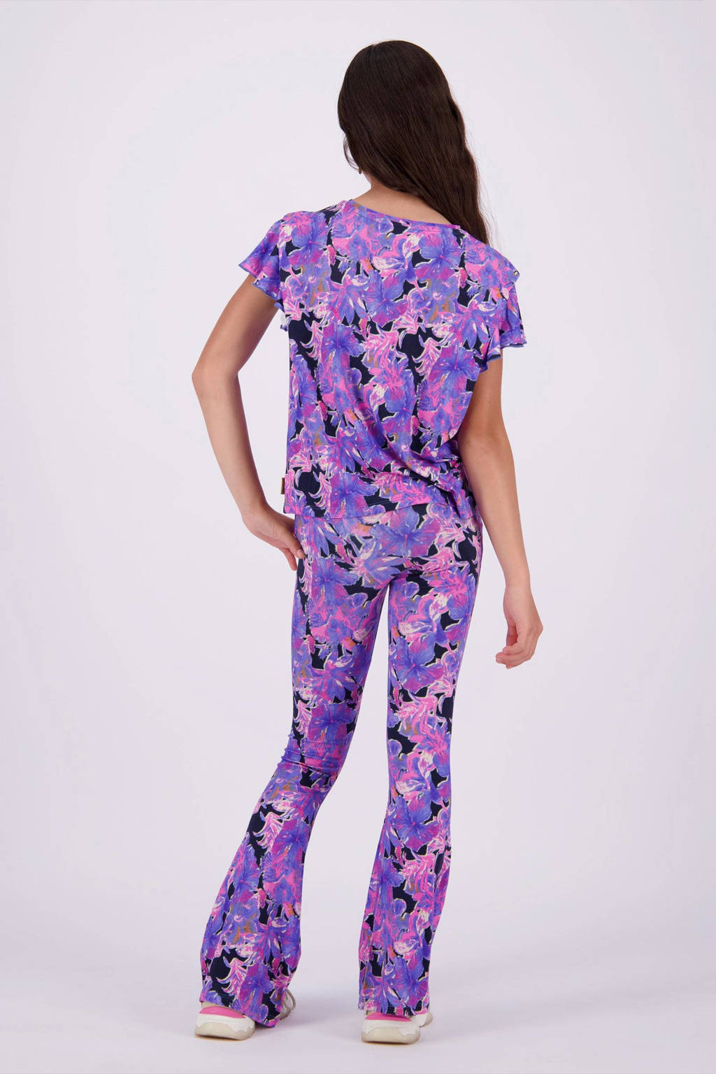 Vingino flared broek Safien met all over print paars/roze/zwart