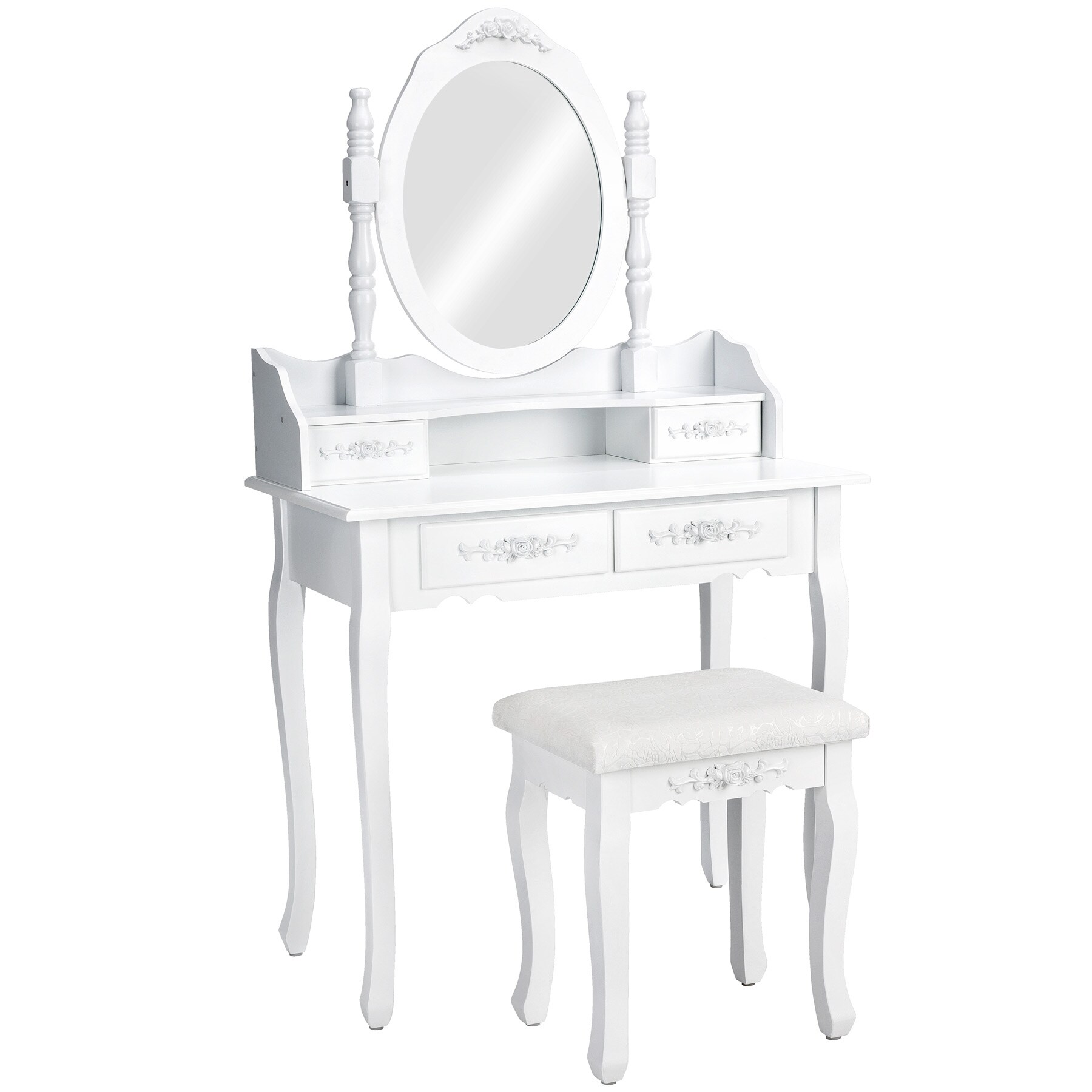 tectake® Schminktisch, im Antik-Look, mit gepolstertem Hocker, 4 Schubladen, 75 x 40 x 143 cm