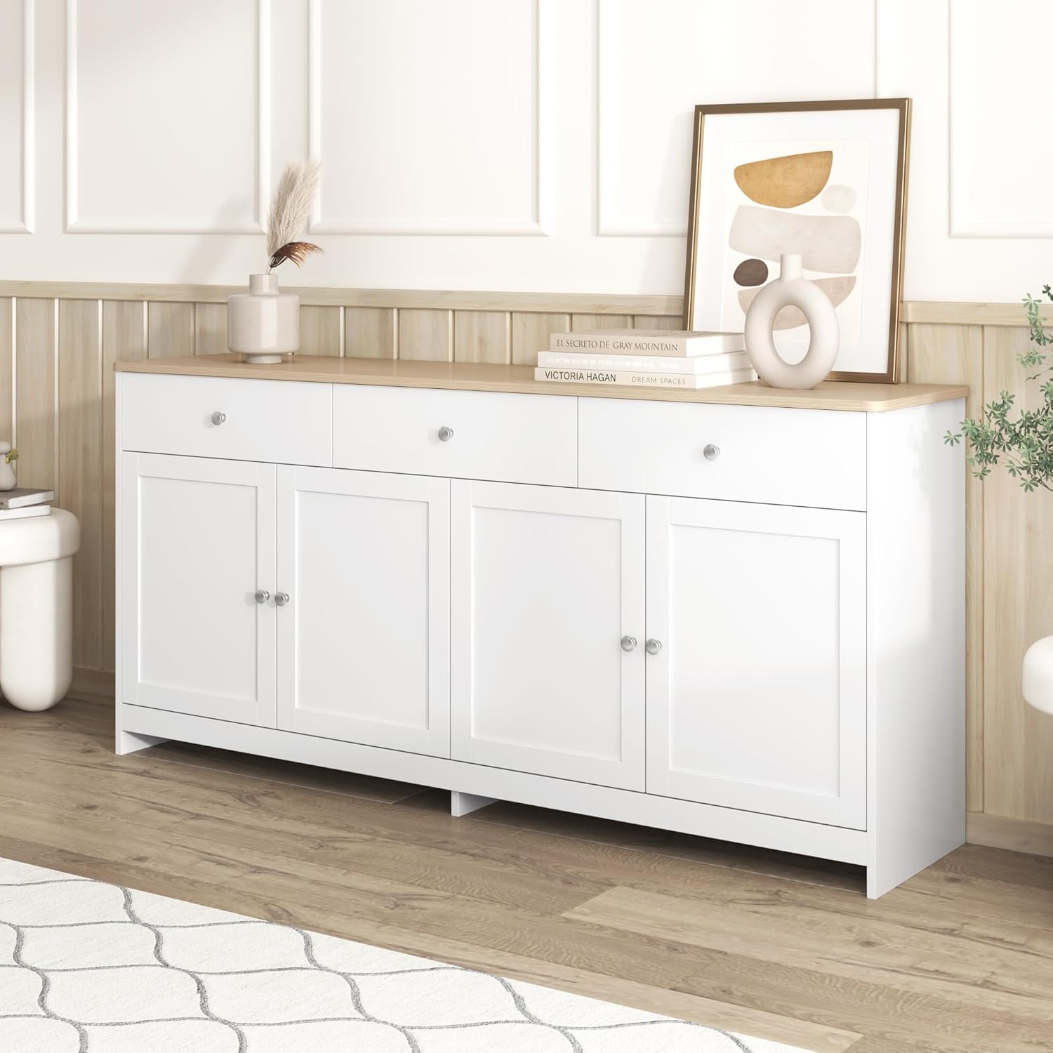 LATICO Sideboard Kommode mit 4 Türen und 3 Schubladen, 160x37x75cm Küchenschrank Buffetschrank Cabinet Anrichte Standschrank Aufbewahrungsschrank, Wohnzimmer Esszimmer Küche (Holzfarbe+Weiß)