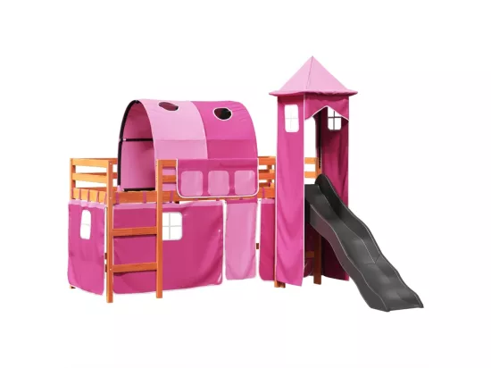 Lit mezzanine enfants avec tour rose 80x200cm bois pin massif