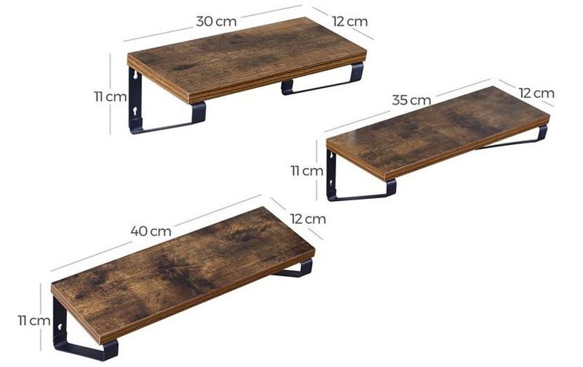 Wandregal 3er Set 30/35/40 x 11 cm/12 cm, Braun/SchwarzAblagen im Industrial Design