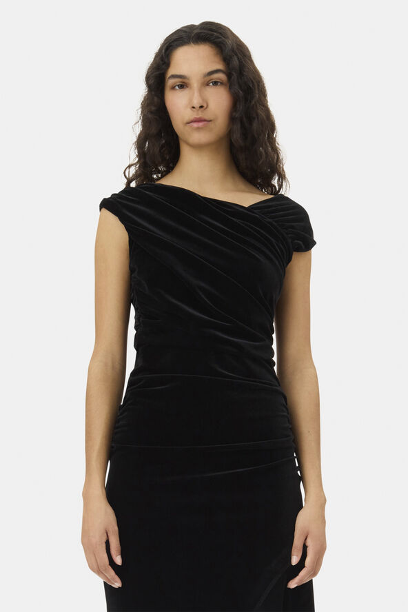 Ganni Velvet Jersey Ruched Crossover Dres Black