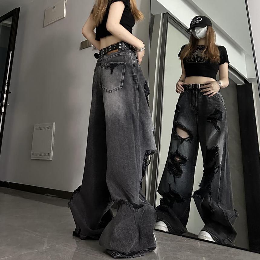 Chisan - Mid Rise Washed Ripped Wide Leg Jeans