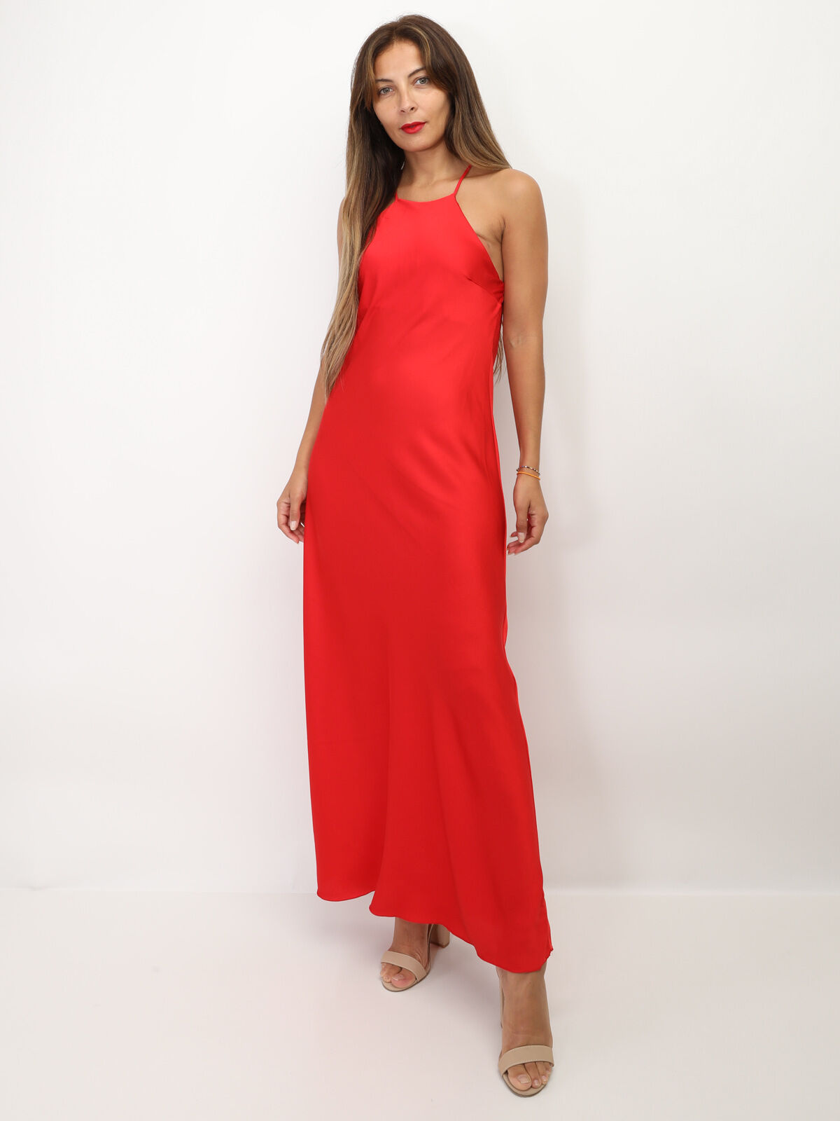 Robe satinée à dos croisé- Rouge
